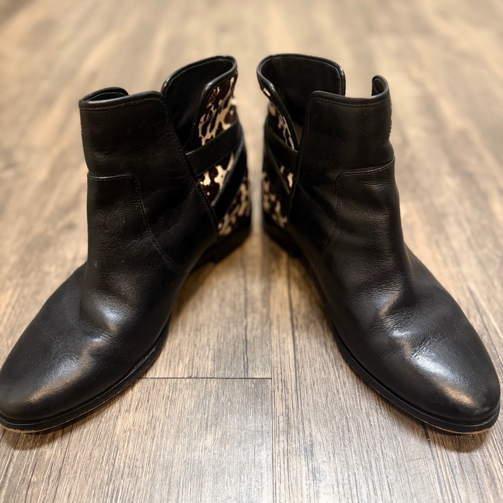 Michael Kors Salem Black Leather Leopard Haircalf Panel Buckle Ankle Booties 6.5 - Picture 9 of 17